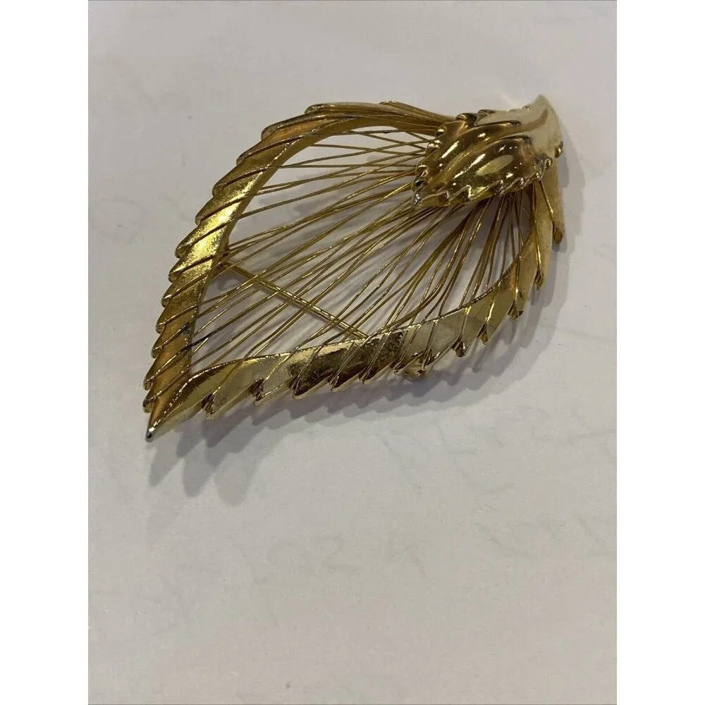 M. J. Ent. Filigree Feather Leaf Pin / Brooch Harp Gold Toned Signed
